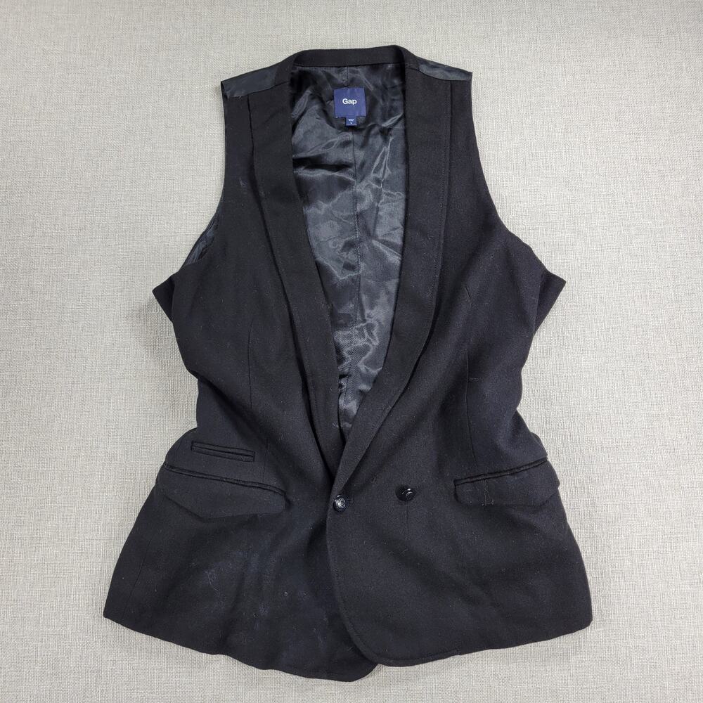 Gap Womens Vest Large Black Wool Blend Plunging Neck Waist Tie Double Breasted